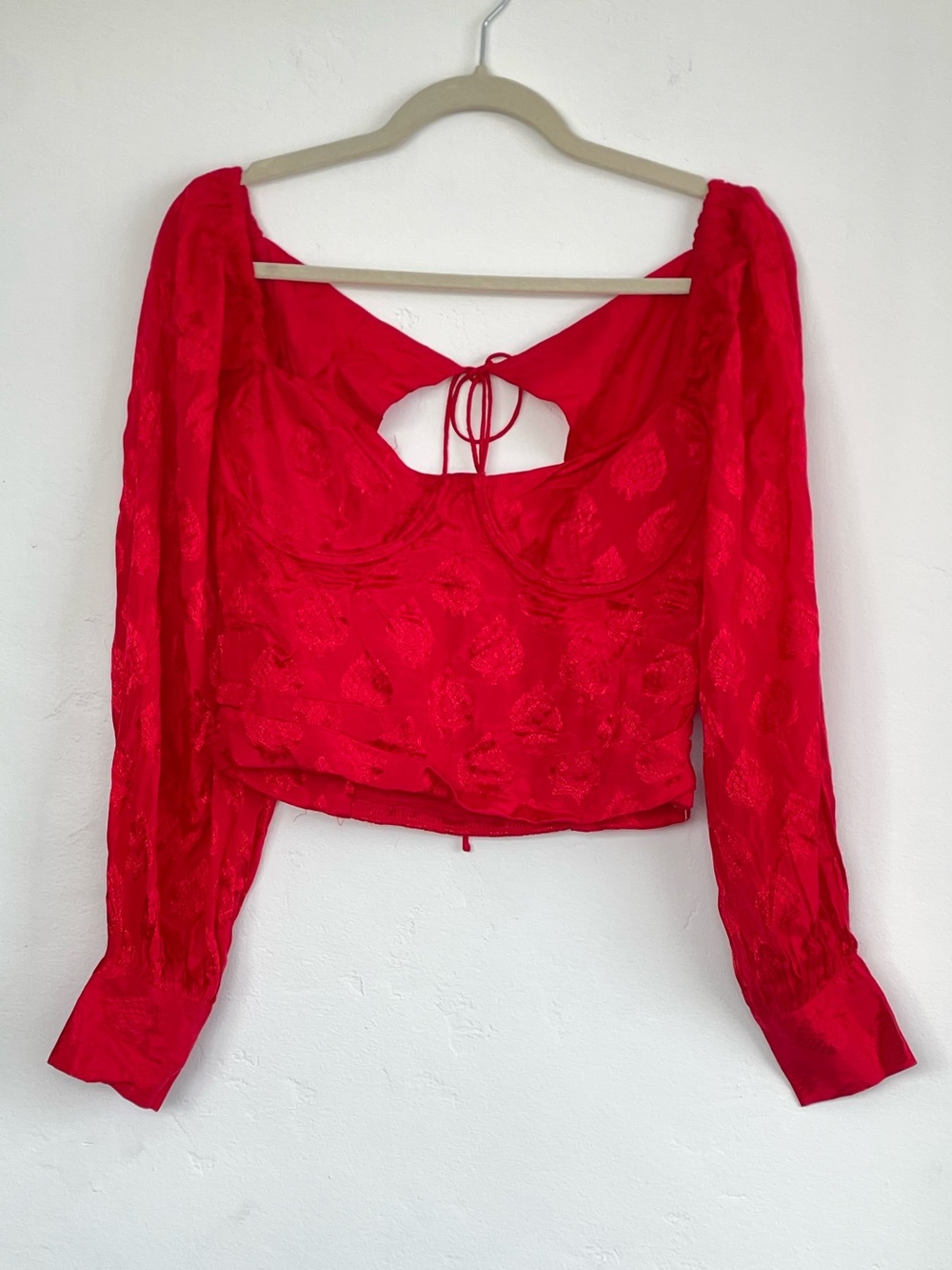 MAJORELLE Red Long-Sleeve Tie-Back Bustier Blouse